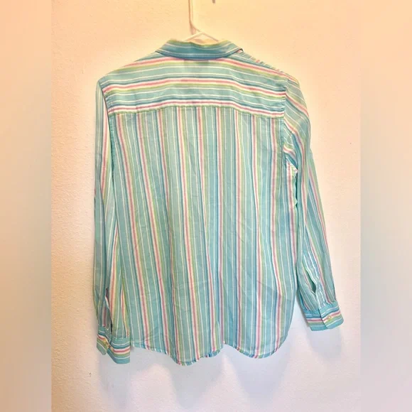 Vintage Lauren by Ralph Lauren, blue green and pink sheer button down shirt - Picture 6 of 8